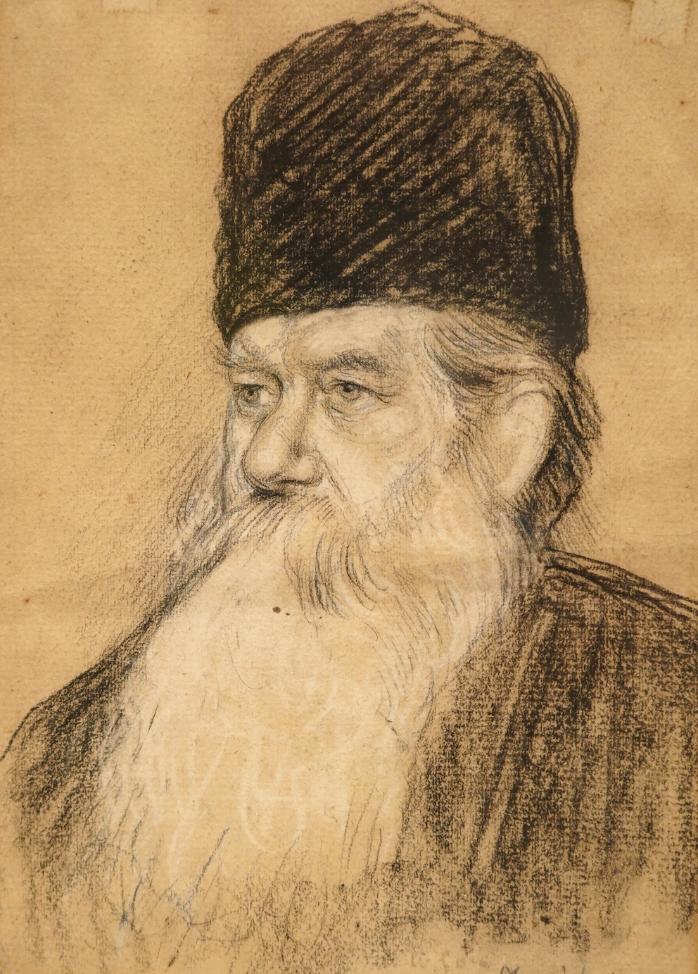 Marnick, heightened charcoal, Portrait of a bearded Russian gentleman, signed and dated 1908, 22.5 x 16cm. Condition - poor